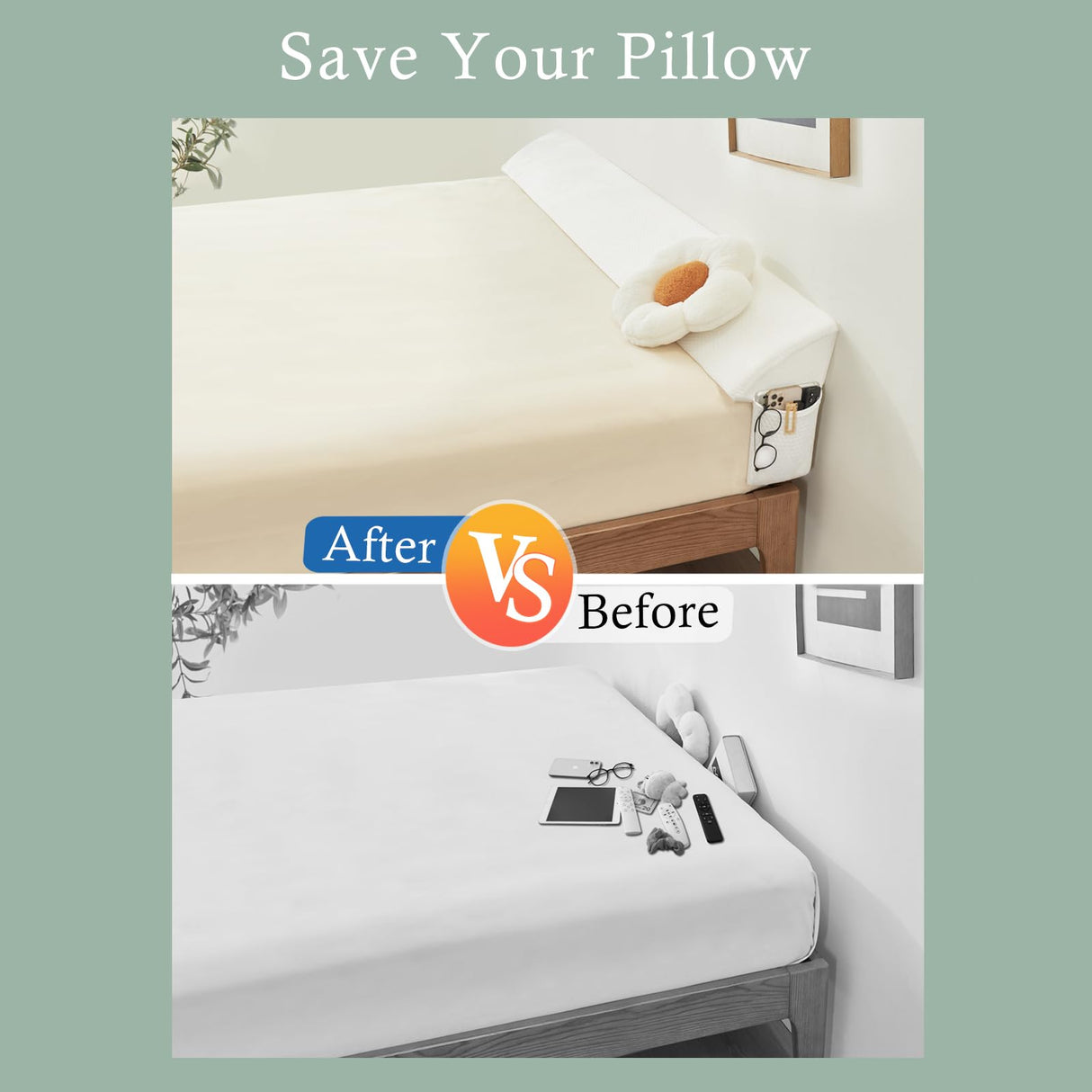 Voctriam Bed Wedge Gap Filler Queen (60"x 8"x 6") Wedge Pillow for Headboard Gap 0-8" Mattress Gap Filler Pillow Fill The Gap Between Mattress and Wall with 2 Side Large Pockets, Bed Pillow Stopper