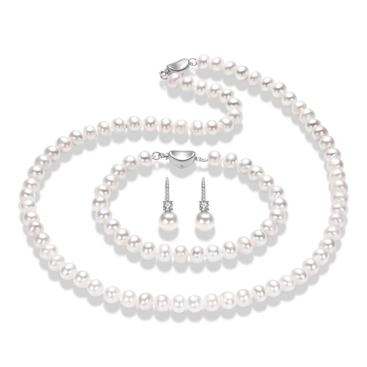 Freshwater Pearl Necklace Set Includes Bracelet and Earrings Genuine Pearl Set Jewelry for Women 925 Sterling Silver Pearl Jewelry for Mother's Day, Anniversary, Birthday, Valentine's Day, Wedding