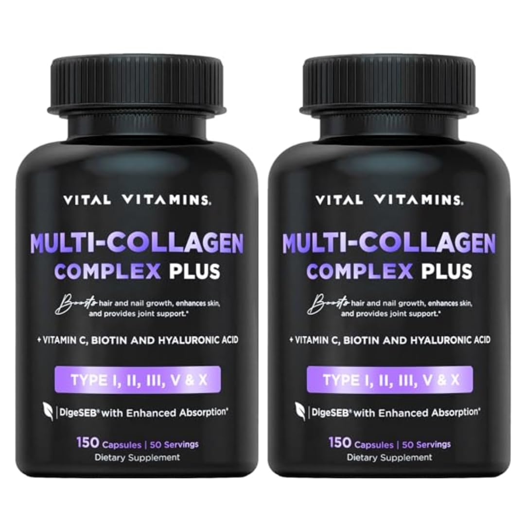 Vital Vitamins Multi Collagen Plus (2-Pack) - with Biotin, Hyaluronic Acid, Vitamin C - Type I, II, III, V, X - for Women & Men - Hair, Skin, Nails Beauty Complex - 300 Capsules