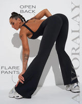 ALVORALAY Women's Flare Jumpsuit with Bra Tummy Control Workout Outfit Sleeveless Backless Bodysuit (Black, Medium)