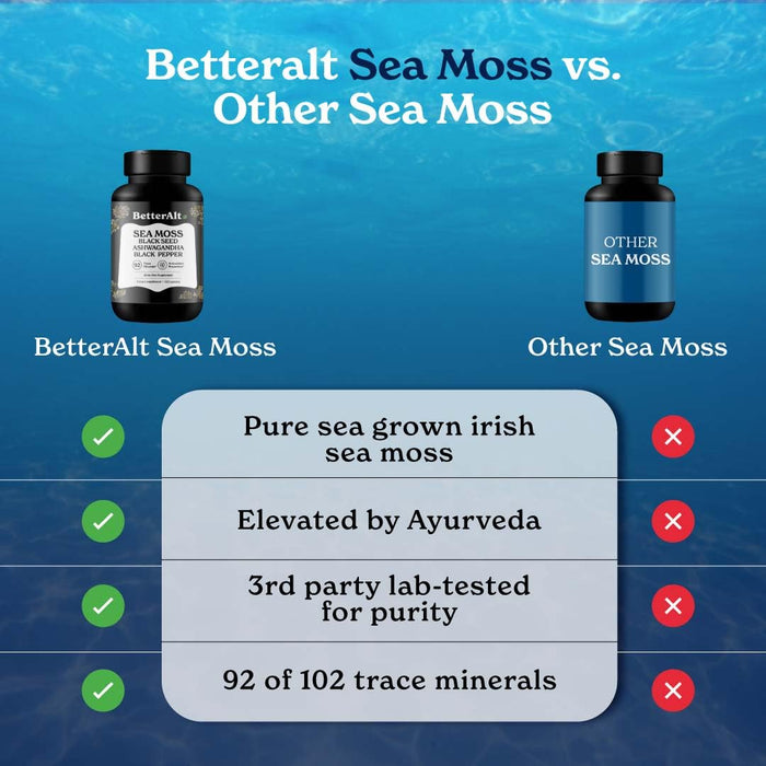 Better Alt Sea Moss Capsules- Irish Seamoss with Black Seed Oil, Ashwagandha & Black Pepper for Stamina, Strength & Endurance- High Potency Seamoss Supplement - 60 Servings, 120 Capsules