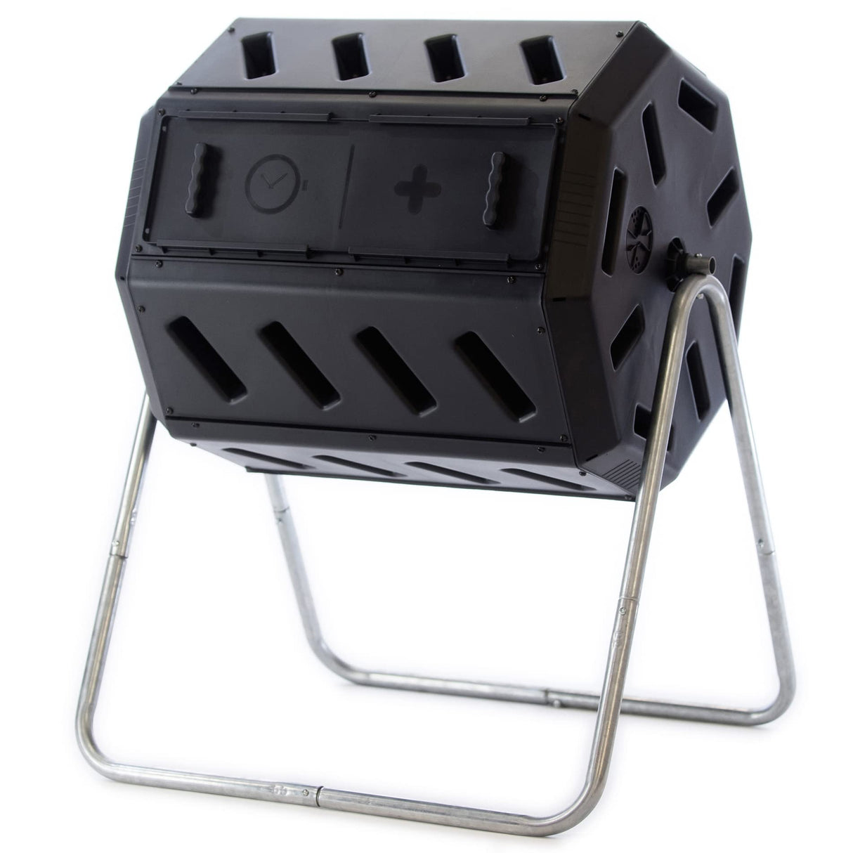FCMP Outdoor Heavy Duty 37 Gallon 8 Sided Steel Portable Plastic Dual Chamber Tumbling Composter Outdoor Elevated Rotating Garden Compost Bin, Black