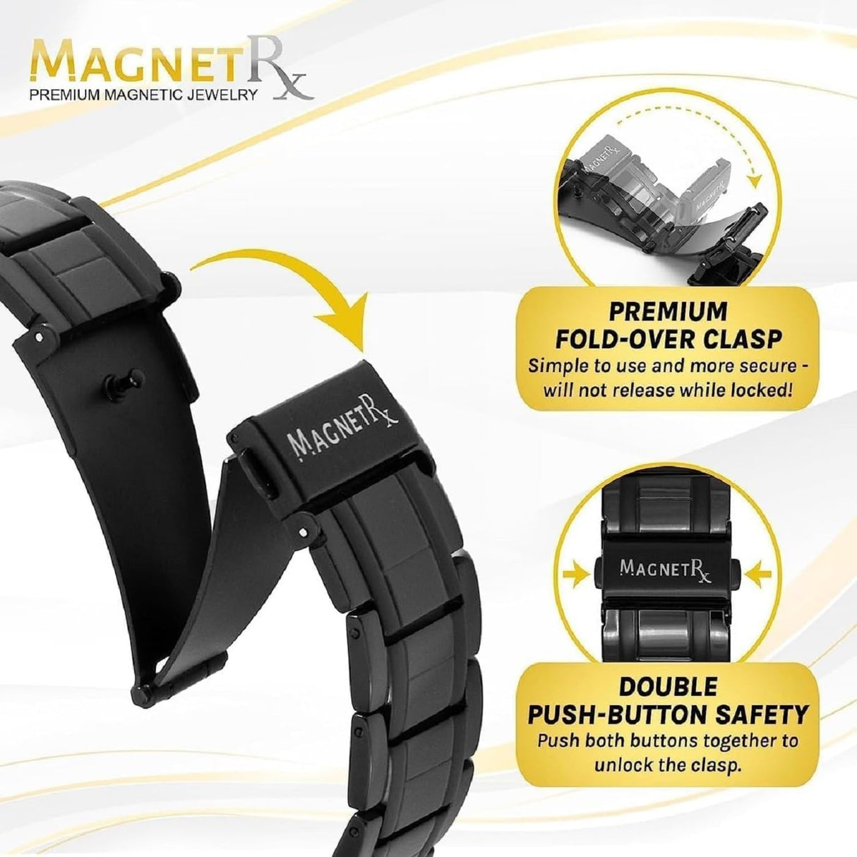 MagnetRX® 3X Strength Magnetic Bracelets for Men – Effective Titanium Mens Magnetic Bracelet – Premium Fold–over Clasp & Adjustable Length with Sizing Tool & Gift Box (Black)