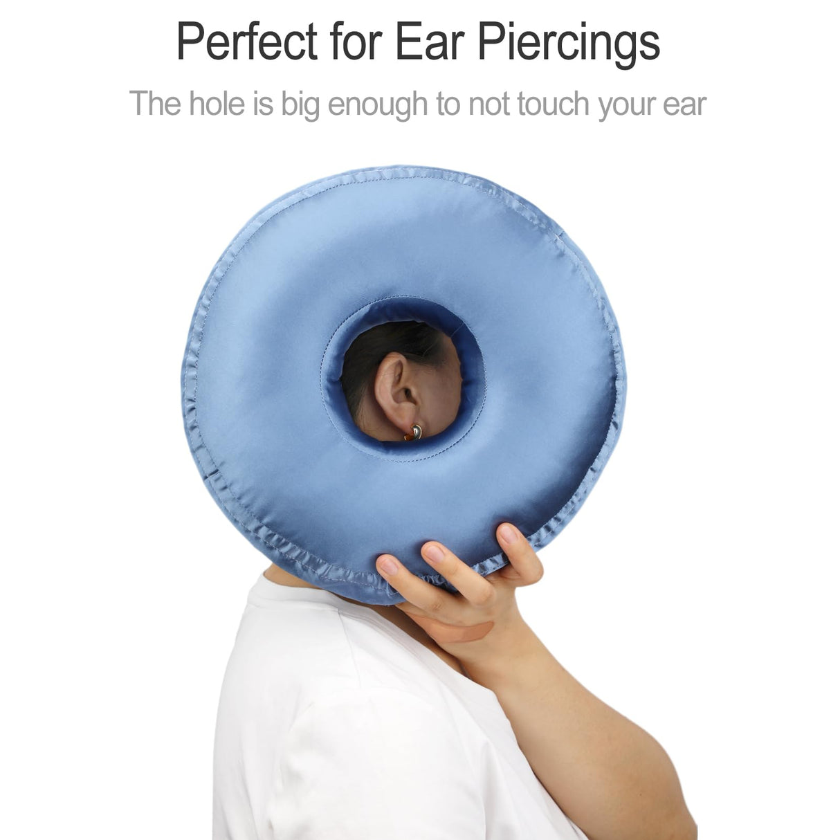 Washable Silky Satin Ear Piercing Pillow with Removable Pillowcase Smooth Cooling Donut Pillows Hole for Ear Pain Relief CNH Sleeping Pressure Sore Side Sleepers Ear Guard Protector, Haze Blue