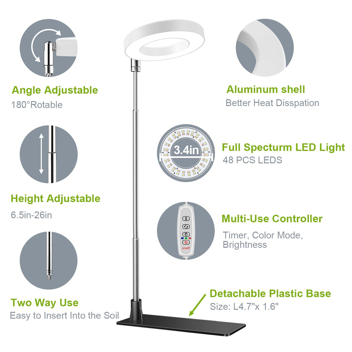 Kullsinss Grow Lights for Indoor Plants, Full Spectrum Halo Growing lamp with Detachable Base, Height Adjustable, 3 Colors, 10 Dimming, Automatic Timer, Plant Light for Small Plants Growing, 2-Pack