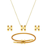 Watdoc H Jewelry Set for Women 3 Piece, H Titanium Steel Necklace, Earrings, Bracelet Set, Hypoallergenic Ear Studs, Adjustable Chain, Eco Friendly Packaging (gold)