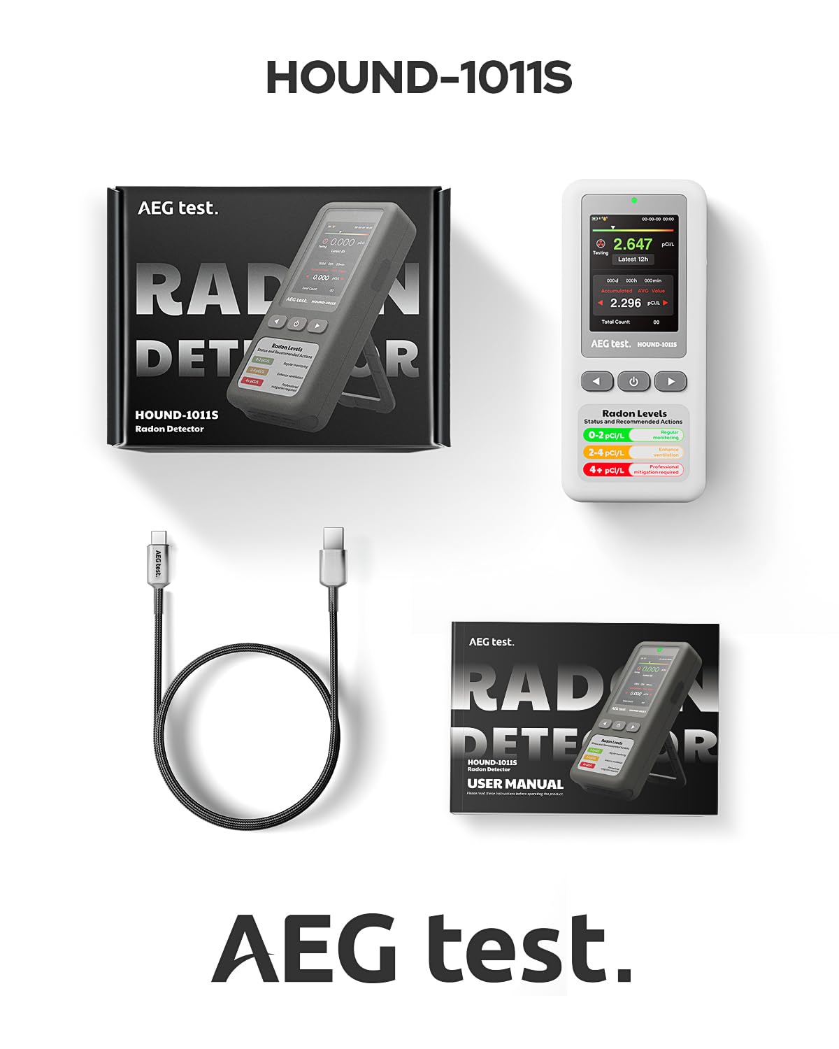 AEGTEST HOUND-1011S Portable Radon Detector, High-Accuracy Sensor for Home, Lightweight, Audible & Visual Alarms, Long-Term Monitoring, Easy-to-Use Radon Tester in pCi/L or Bq/m³ for Basement