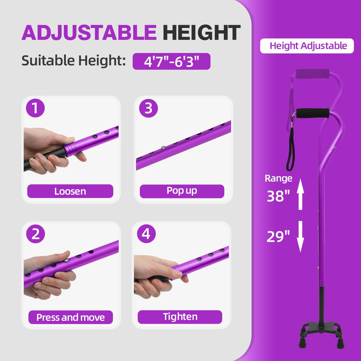 BeneCane Quad Cane Adjustable Walking Cane with Offset Soft Cushioned Handle for Men & Women Lightweight Comfortable with 4-Pronged feet for Extra Stability(Purple)