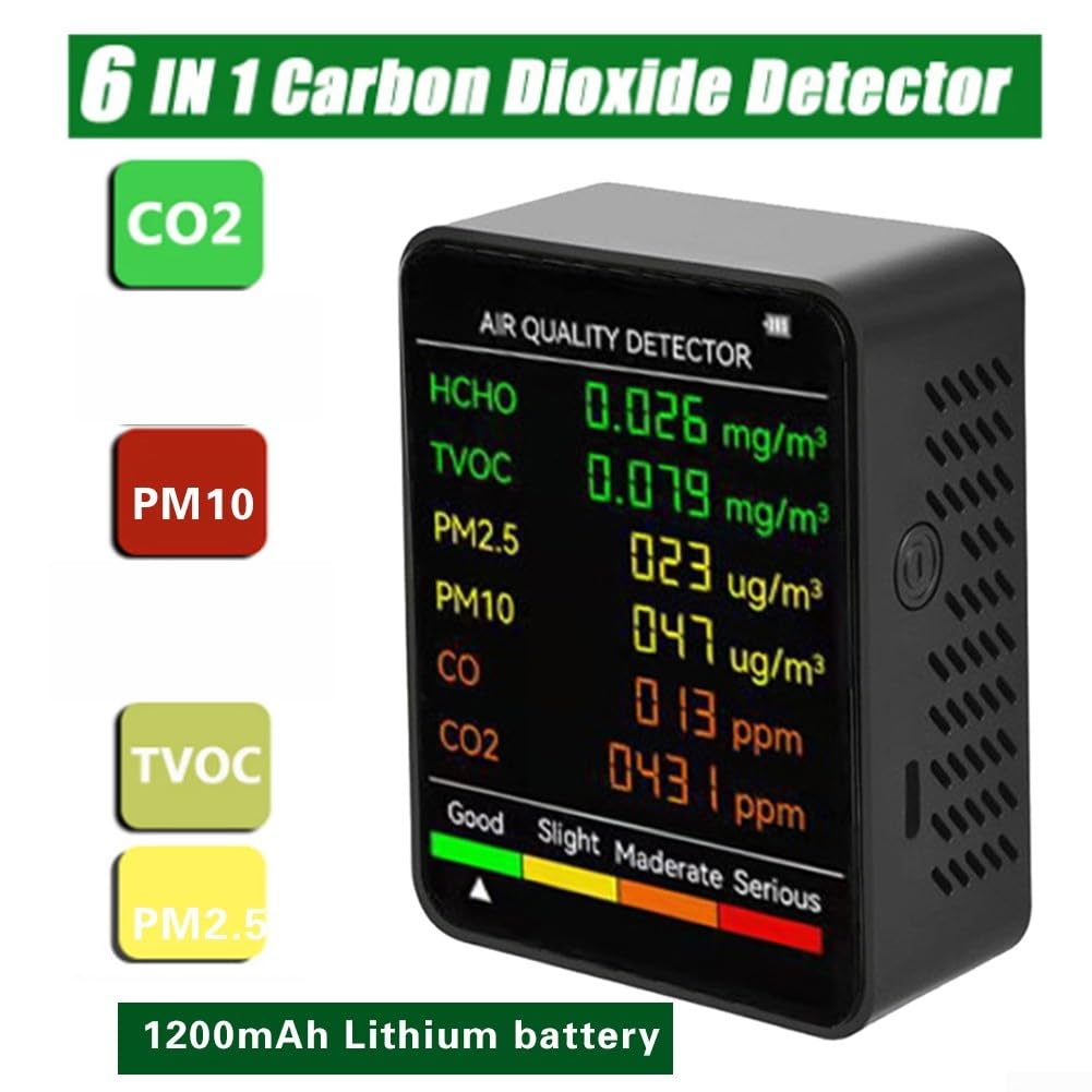 Oniissy 6 In 1 Air Quality Monitor,Detects PM2.5/PM10/TVOC, Air Quality Tester, Indoor Air Quality Detector, Air Pollution Meter For Home/Grow Tents/Offices (Black)