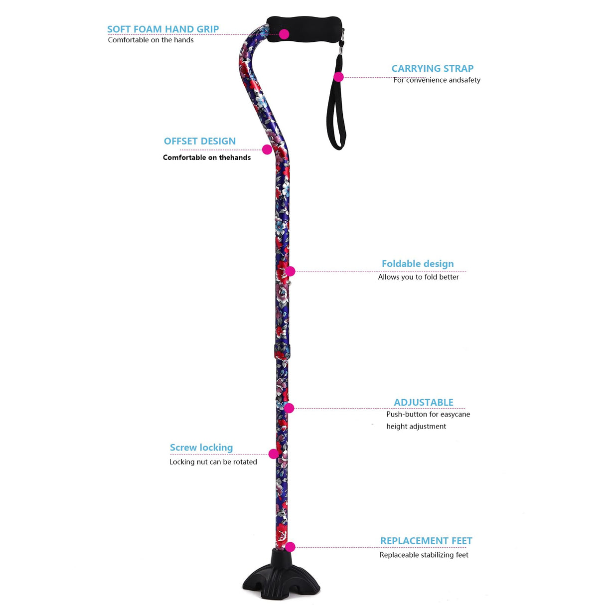 LIXIANG Adjustable Walking Stick for Men and Women, Folding Cane, Soft Sponge Offset Handle, Light Weight, Suitable for Arthritis Patients, Elderly and Disabled Ladies Canes for Walking