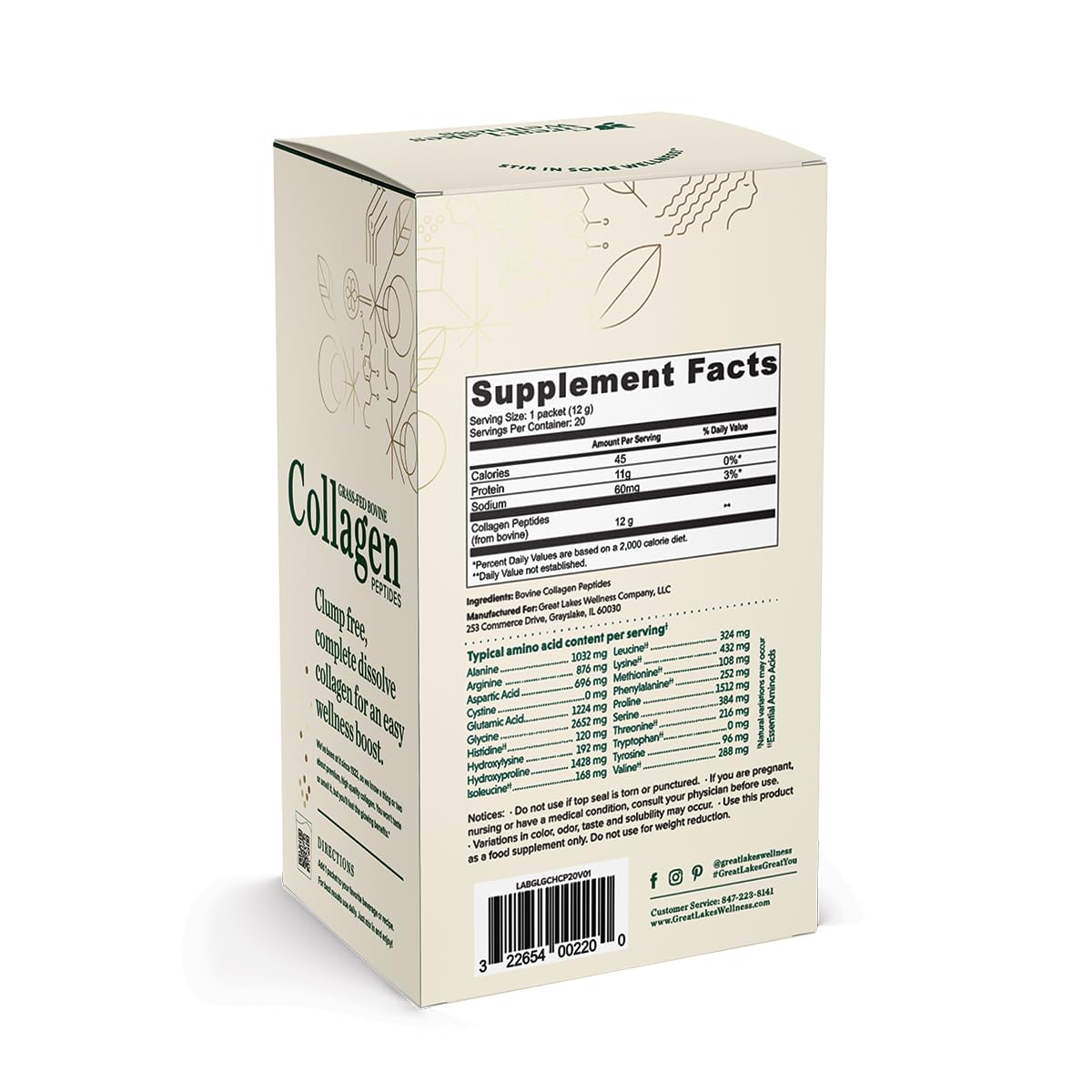 Great Lakes Wellness Collagen Peptides Powder for Skin, Hair, Nails, Joints & Digestion - Unflavored - Quick Dissolve Hydrolyzed, Non-GMO, Keto, Kosher - 20 Sticks