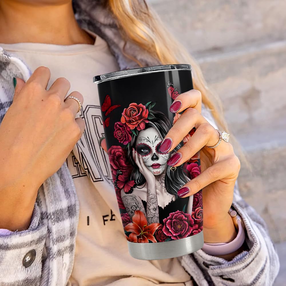 Sugar Skull Tumbler 20oz Stainless Steel Insulated Coffee Travel Mug Cup for Women Girls Gifts for Birthday Christmas Halloween