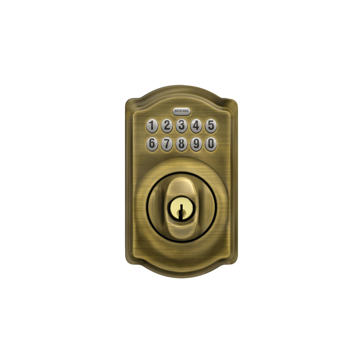 Schlage Camelot Electronic Keypad Deadbolt Lock, Keyless Front Door Entry, Mechanical Key Backup Included, Antique Brass, BE365 CAM 609