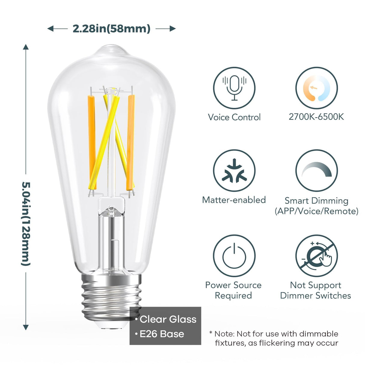 Linkind Matter Smart Light Bulb, ST19 (ST58) Smart Edison Bulbs, 2700K-6500K Warm White to Daylight E26 LED Bulb 8W 60W 800LM, Work with Alexa, Google/Apple Home, SmartThings, 2.4GHz WiFi, 4 Pack