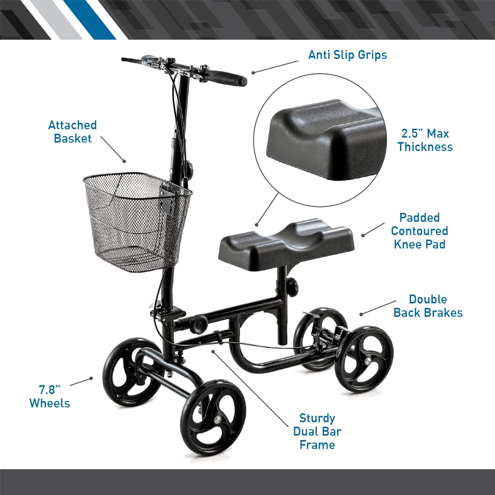 BodyMed Knee Walker for Injuries with Dual Brakes, Metal Basket & Knee Pad Cover - Collapsible and Adjustable Scooter, Broken Leg Caddy, Better Alternative to Crutches