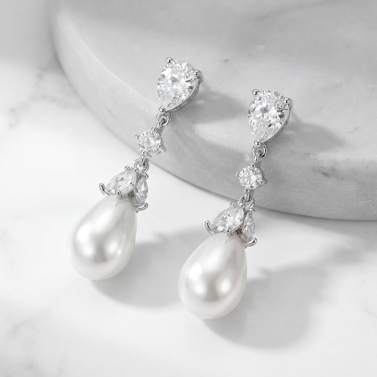 SWEETV Silver Pearl Drop Dangle Earrings for Women