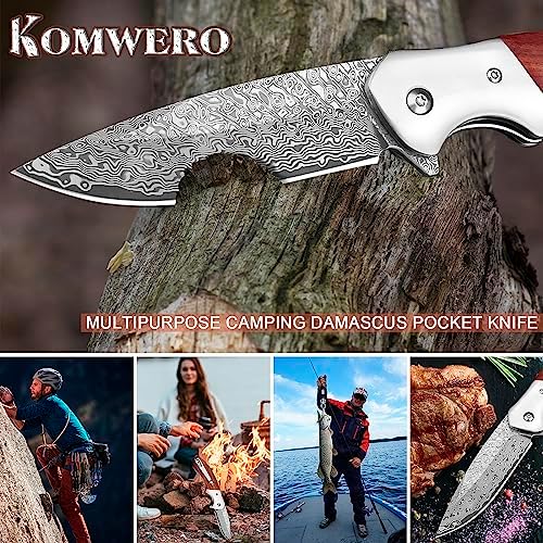 KOMWERO Damascus Pocket Knife, Sharp Damascus Steel Knife with Core VG10 Steel Blade Wood Handle, Folding Knife with Clip for Men Hunting, 60 HRC, Blade Length 3.34"