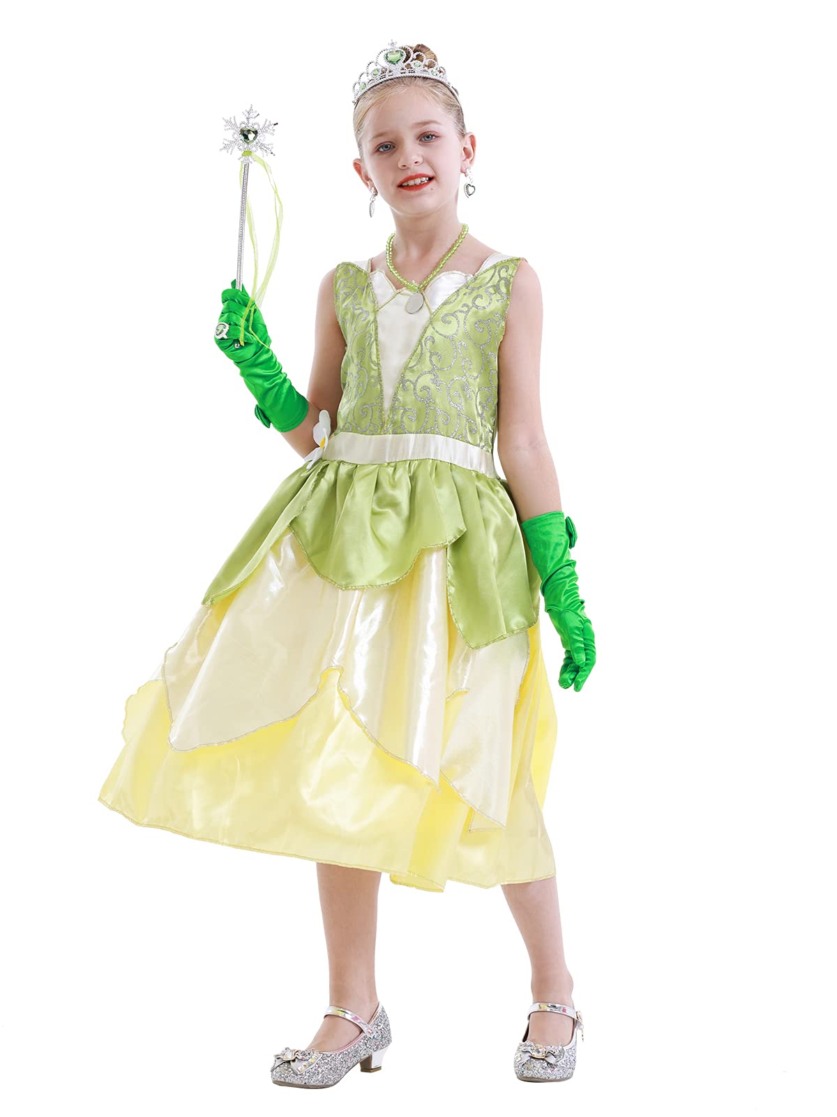 WonderBabe Green Fairy Tale Princess Dress Fancy Birthday Party Dresses Halloween Christmas Party Dress up Role Play Dresses Luxury Outfit Green Size 5T 6T Age 5-6 Years