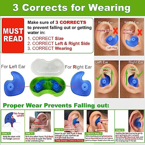 WaterDam A-Series Swimming Ear Plugs Ultra Comfy Great Waterproof Earplugs (Size 2A+2A+2A: Kids Teens Small&Medium Ear Women (Green Orange Pink))