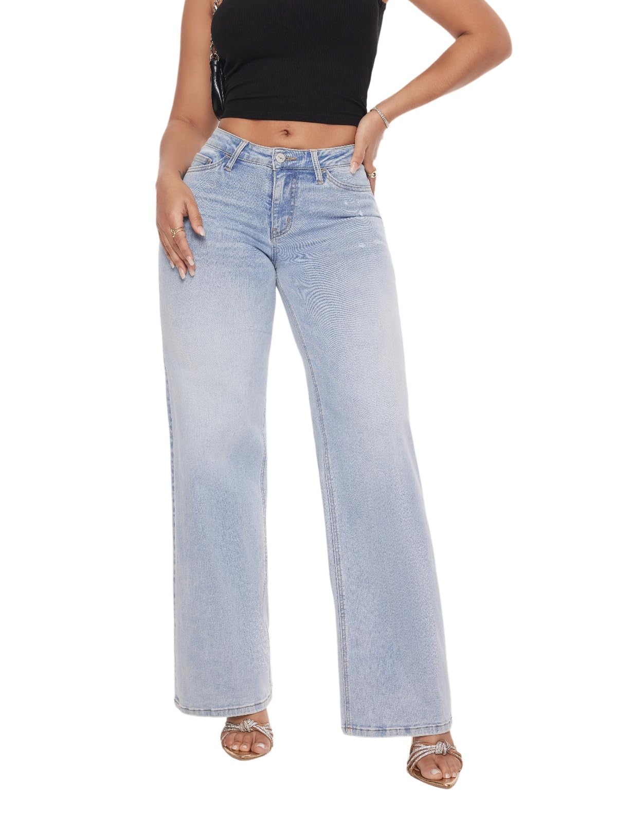 ONESO Wide Leg for Women Mid Low Rise Baggy Jeans Distressed Pants Stretchy Bottom Lady Basic Comfortable Denim (US, Numeric, 28, Regular, Regular, Light Blue)