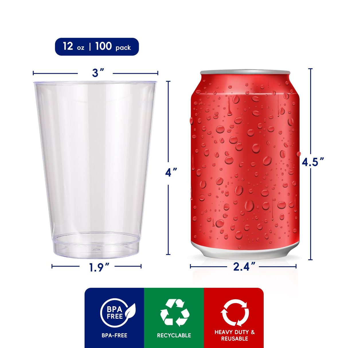 JOLLY CHEF 12 oz Clear Plastic Cups, 100 Pack Heavy-duty Party Glasses, Disposable Plastic Cups for Halloween,Thanksgiving Day, Christmas Party