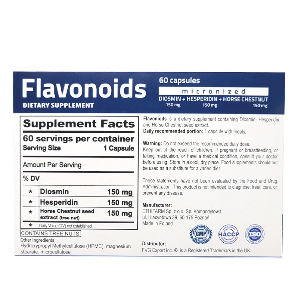 Flavonoids for 60 days Helps to Support Healthy Circulation, Veins, Capillaries, and Lymphatic Drainage- Micronized Diosmin 150mg + Hesperidin 150mg + Horse Chestnut150 mg- GMP Certificate, vegan