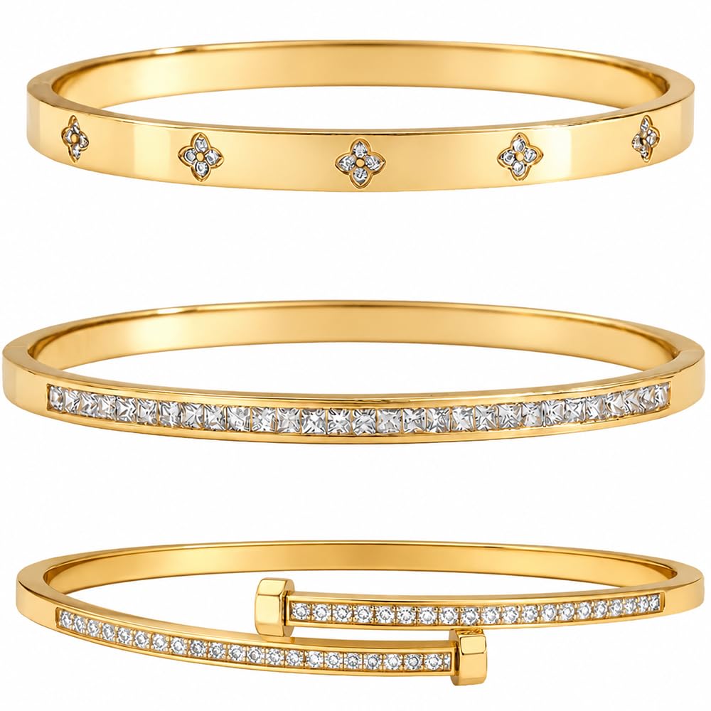 Xigocorsn Gold Bangles Bangle Bracelets Set for Women, genuine gold electroplating 3 Piece Elliptical Design with Cubic Zirconia Accents, 2.36 Inch Diameter, Waterproof Stainless Steel