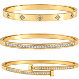 Xigocorsn Gold Bangles Bangle Bracelets Set for Women, genuine gold electroplating 3 Piece Elliptical Design with Cubic Zirconia Accents, 2.36 Inch Diameter, Waterproof Stainless Steel