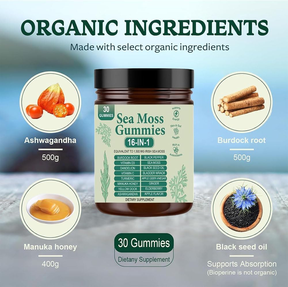 16 in 1 Sea Moss Gummies | Sea Moss Gummies for Women Men with Black Seed Oil, Burdock Root, Bladderwrack, Manuka Honey, and 10 More