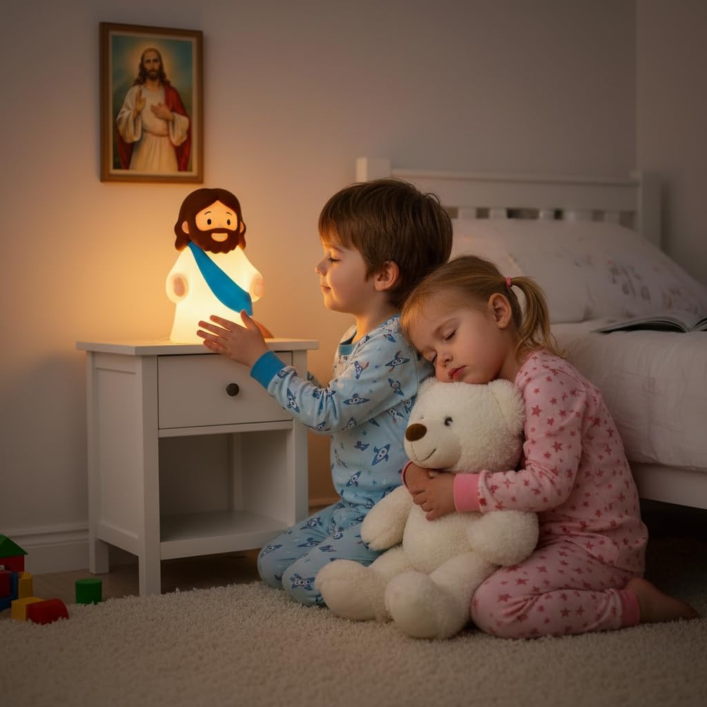 magical JD Jesus Night Light for Kids – Soft Silicone Touch Lamp, Touch Dimmable & USB Rechargeable, BPA-Free Christian Baptism Gift for Boys & Girls, Easter & Christmas Gift for Nursery (Blue)