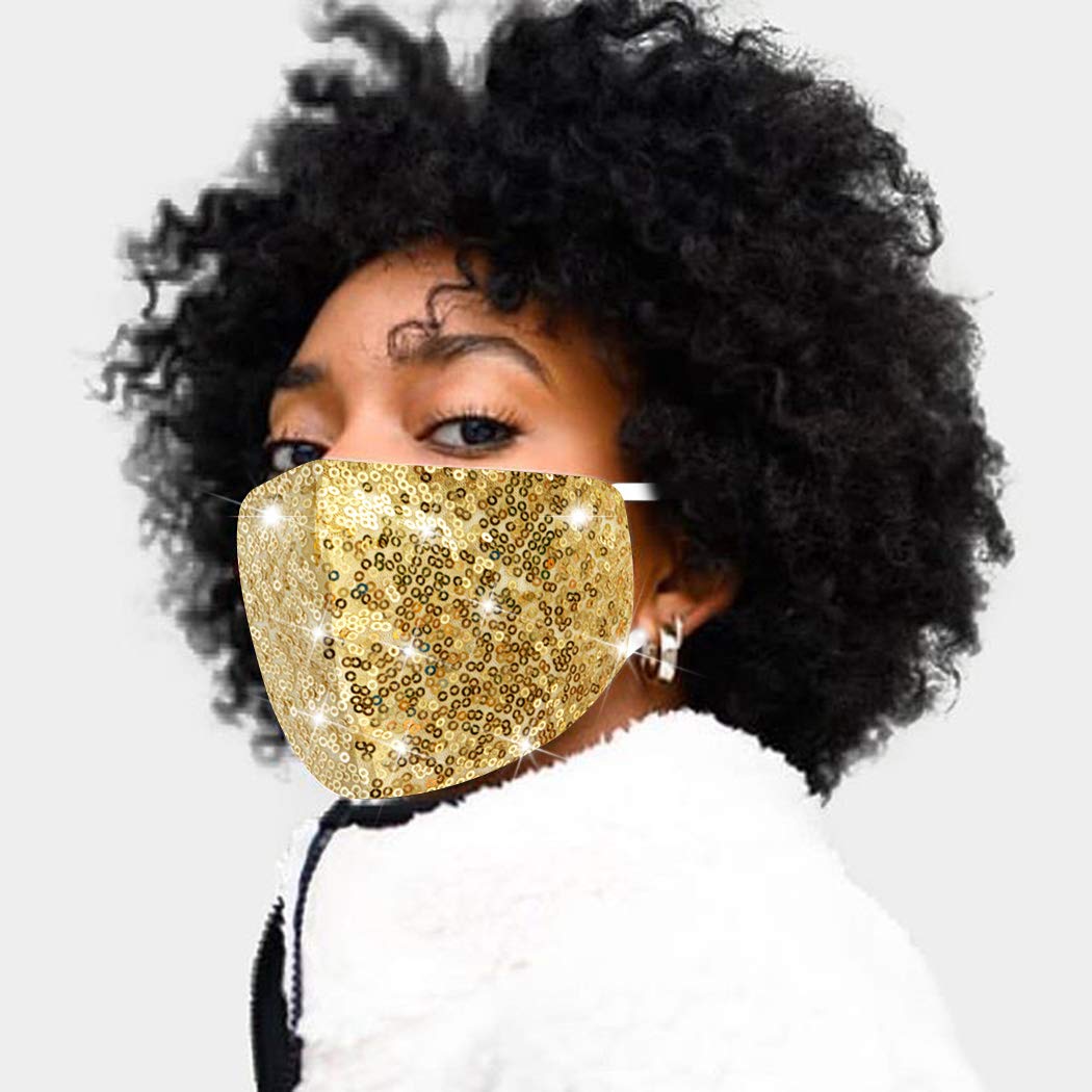 MLGDA Sparkly Sequins Mouth Masc Fashion Designer Glitter Cotton Face Cover With Adjustable Ear Loops Reusable Masquerade Party Nightclub Rave Festival Sequins Face Covering (Gold)