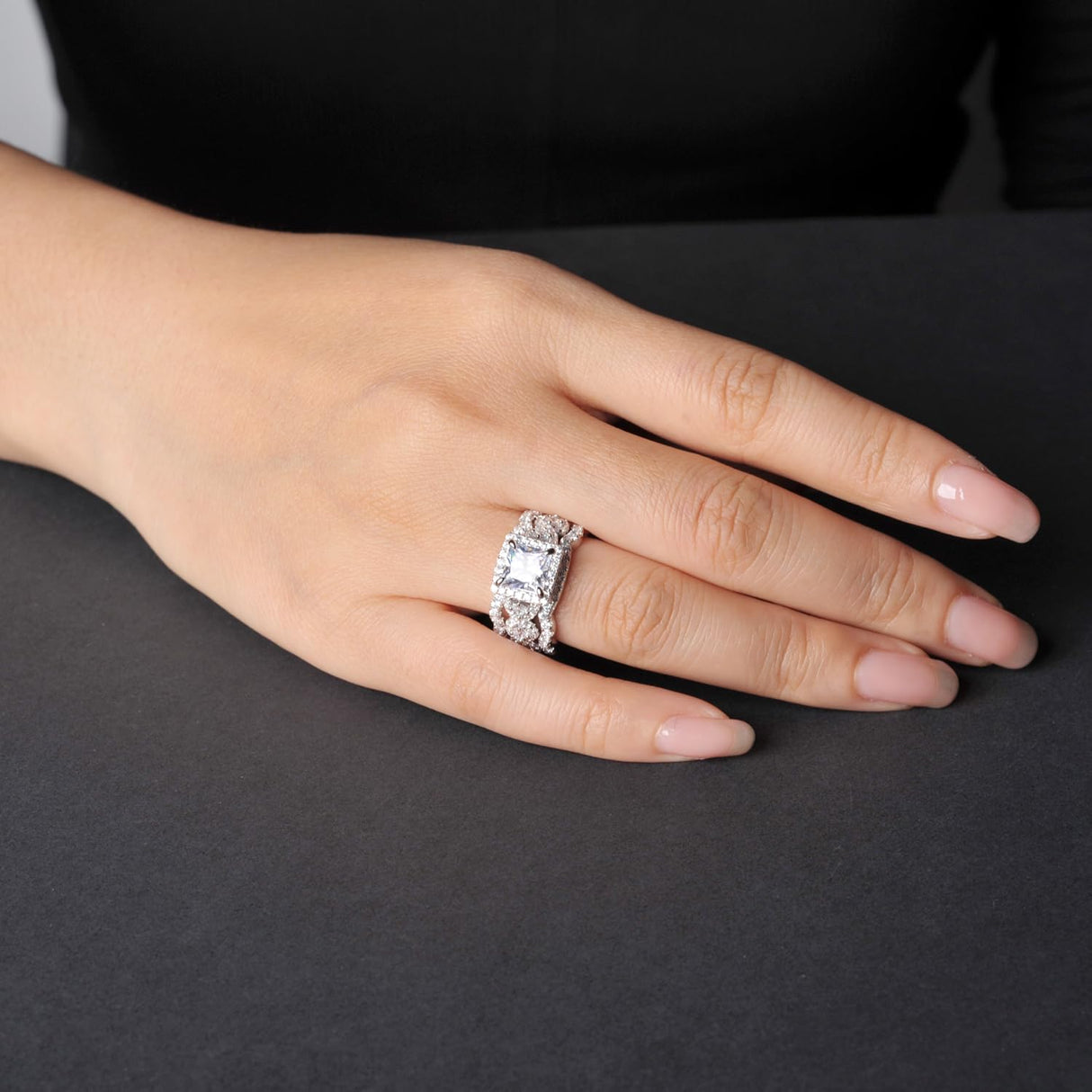 RYANEE Princess Cut Cubic Zirconia Halo Promise Engagement Ring For Women in 925 Sterling Silver, Simulated Diamond 14k White Gold Plated CZ Stackable Rings For Her, Wedding Band Bridal Ring Set 6