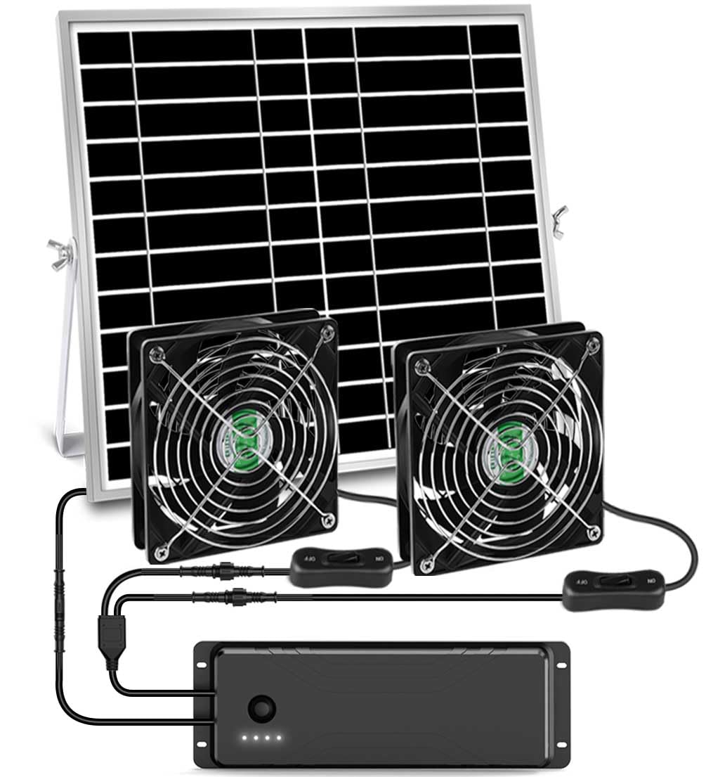 erifyng Solar Powered Fan with Battery, Rechargeable Solar Fan for Chicken Coop, Greenhouse, Shed, Outside with Two IPX7 Waterproof Exhaust Intake Fans 16.5Ft On/Off Switch Cable