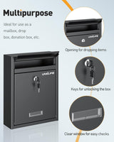 Uniclife Wall Mount Mailbox for Outside, Locking Mail Box, Large Mailbox with Key Lock, Security Mail Box for House, Safe Key Drop Box, Post Box, Steel Cash Drop Box for Home Office School, Black