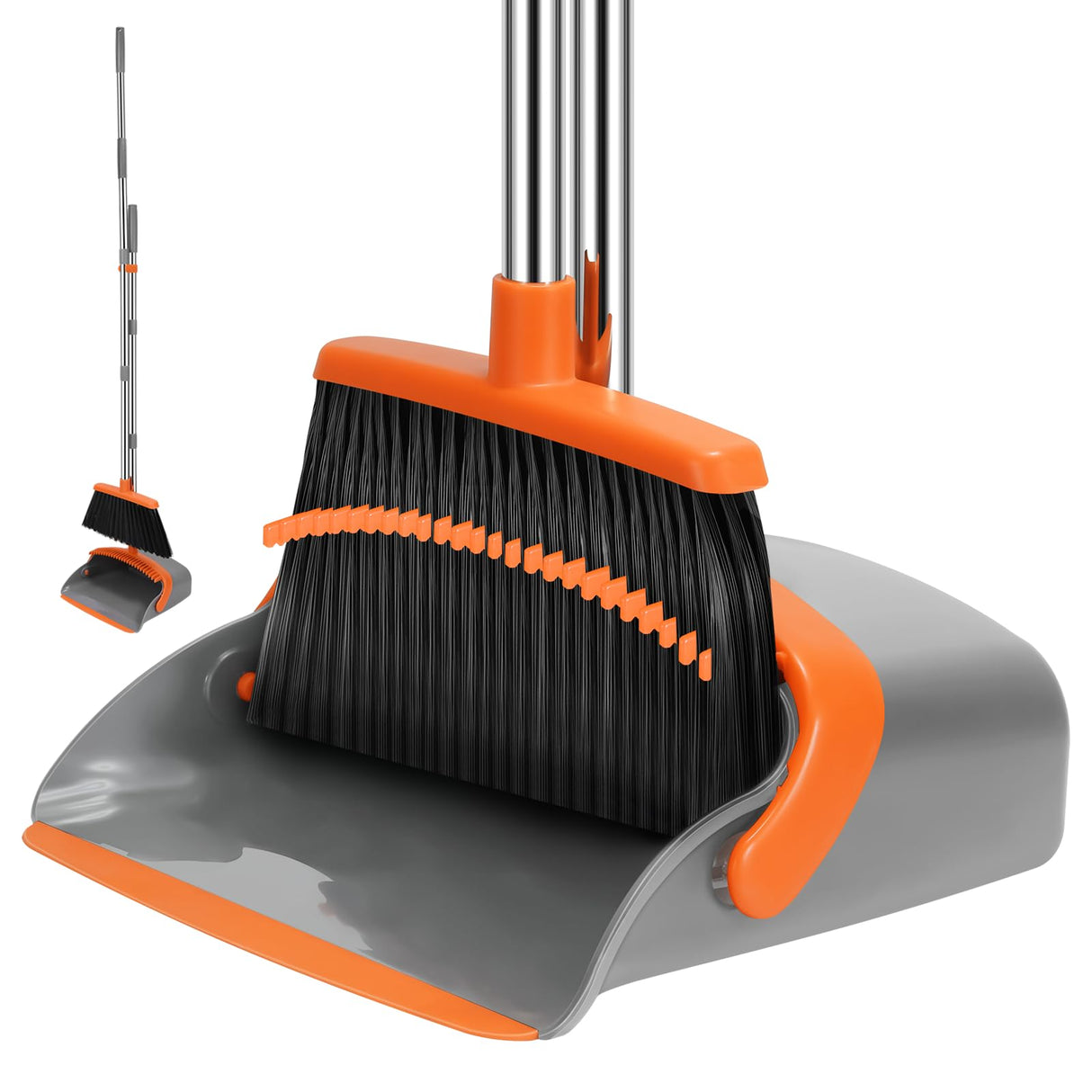 NACENA Broom and Dustpan Set, 55-in Long Adjustable Handle Broom Dustpan Combo with Dustpan Teeth to Automatically Clean Hair Suitable for Home Kitchen Office Hall Floor, Large(Grey&Orange)