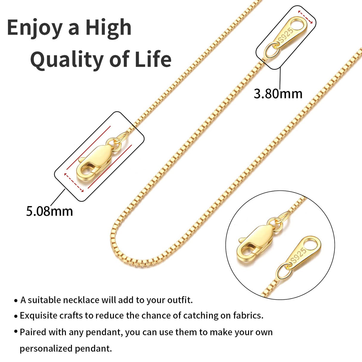 Jewlpire 18K Gold Plated Chain Necklace for Women, 0.8mm Box Chain 18K Gold Plated Chains for Women Thin & Sturdy Women's Chains Necklaces 18 Inch