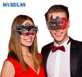 MYSEUNI Masquerade Mask for Couple Red - Shiny Rhinestone Venetian Mask & Mens Venetian Half Face Mask for Christmas Mardi Gras Party Halloween Costume Cosplay Prom Masked Ball