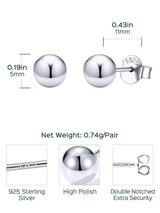 ChicSilver 925 Sterling Silver Ball Stud Earrings for Women, Hypoallergenic Silver Studs, Small Round Ball Earrings 5MM