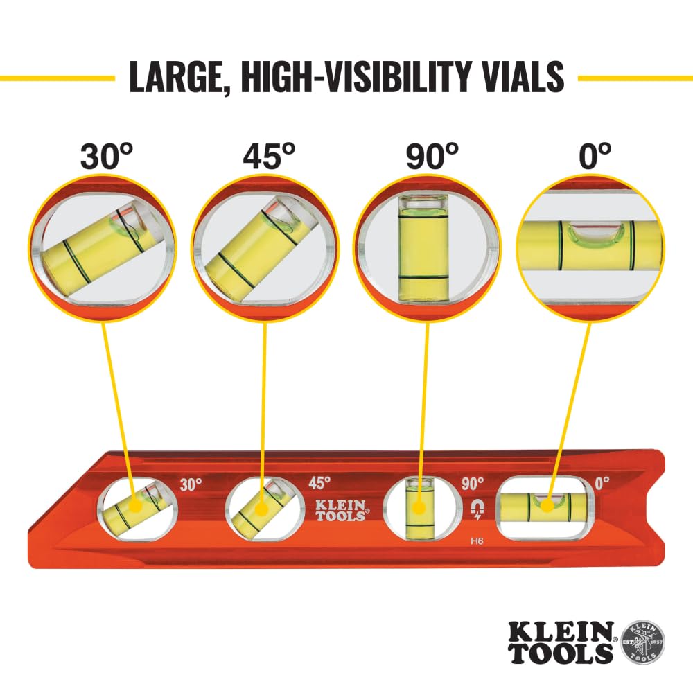 Klein Tools 935RB Torpedo Level, 8-Inch Billet Magnetic Level, 0/30/45/90 Degree Vials, V-Groove, Tapered Nose, High-Visibility Vial and Body