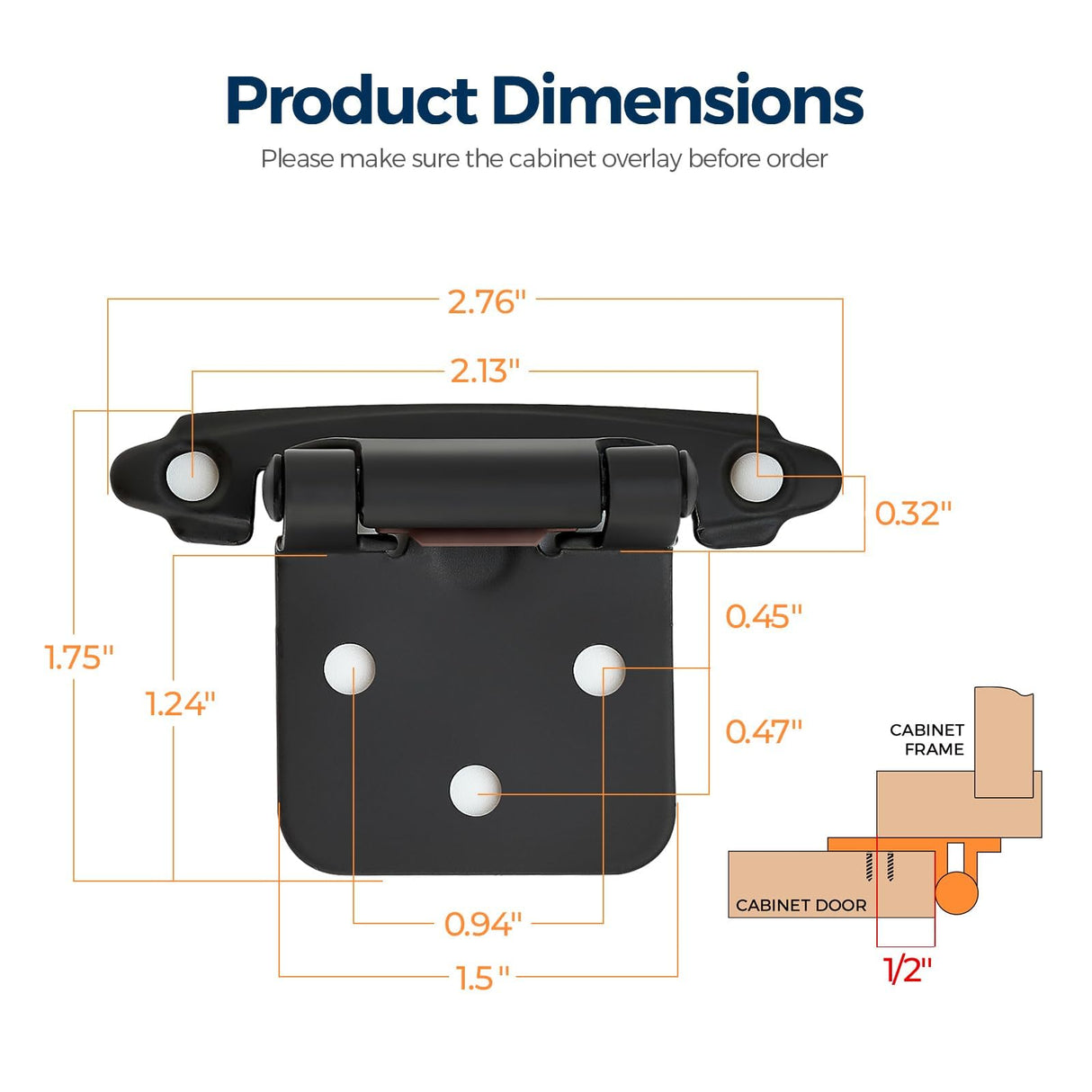 Ravinte 60 Pack (30 Pairs) 1/2" Overlay (Variable) Cabinet Hinges, Self-Closing Semi-Concealed Face Mount, Matte Black Decorative Hardware with Door Bumpers for Kitchen & Cupboard Doors