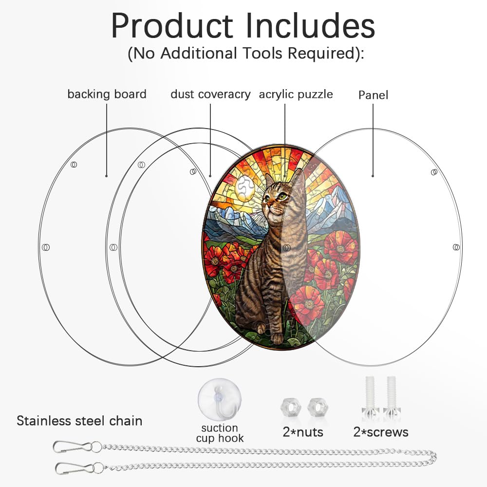 zhuoyaju Acrylic Puzzle Suncatcher, Cat & Flower Stained Glass Window Hanging, Sun Catcher Puzzle Kit Home Garden Decor, Creative Mothers Day and Birthdays Gifts for Mom, Wife, Sisters, 7.87 inch
