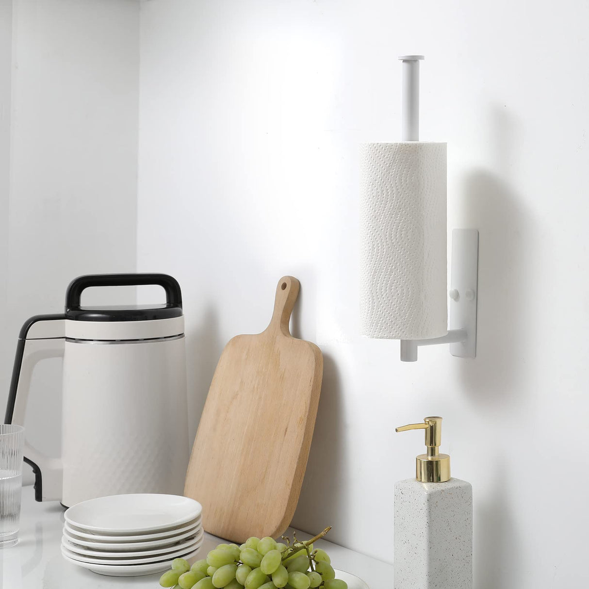 theaoo White Paper Towel Holder - Under Cabinet Paper Towel Holder for Kitchen, Adhesive Paper Towel Roll Rack for Bathroom Towel, Wall Mounted Paper Towel Rack, SUS304 Stainless Steel