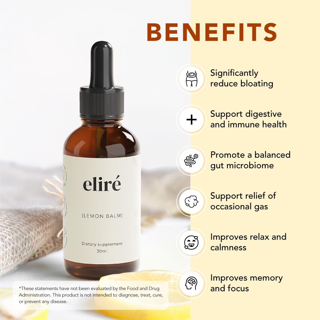 Eliré - Organic Lemon Balm Extract - Digestive Relief & Anti-Bloat Support - Alcohol-Free, Vegan, Non-GMO, Gluten-Free - 30ml