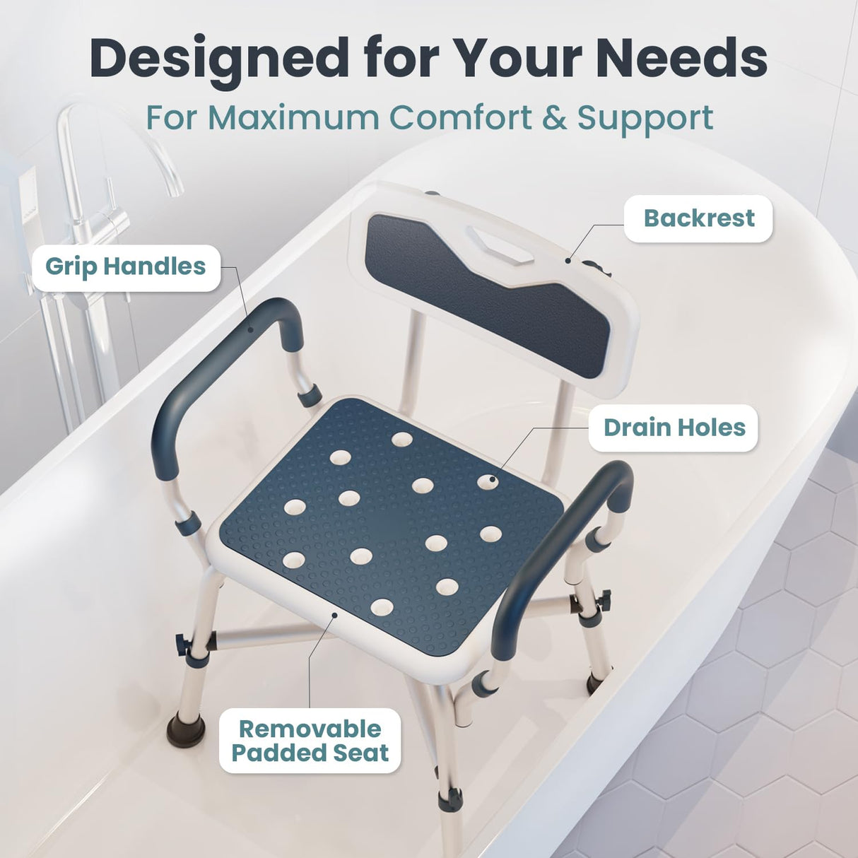 Shower Chair for Elderly and Disabled (450lb) with Padded Armrests and Back, Adjustable Height Shower Seat, Heavy Duty Shower Chairs for Inside Shower, Handicap - Blue