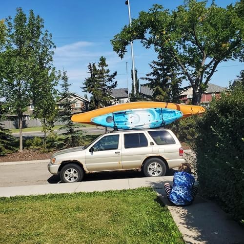2 Pairs Kayak Rack J-Bar Car Roof Rack for Canoe Carrier SUP Paddle Surfboard Mount on Car SUV and Truck Crossbar, Includes 4 Pcs Roof Rack Tie Down Straps.