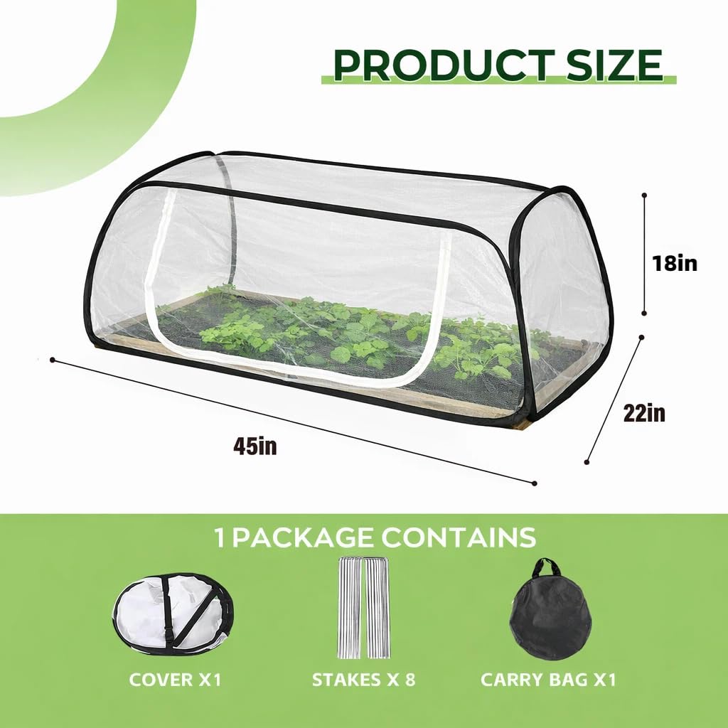 2Pack 45''x22''x18'' Pop Up Raised Garden Bed Cover -Instant Plant Protection Against Bird, Pests & Squirrel，Plant Net Cover for Raised Bed with Zipper Door for Protecting Vegetable Row
