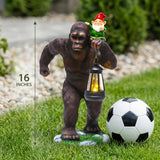 Solar Bigfoot Garden Statue with Gnome & Lantern, 16 Inch Sasquatch Decor