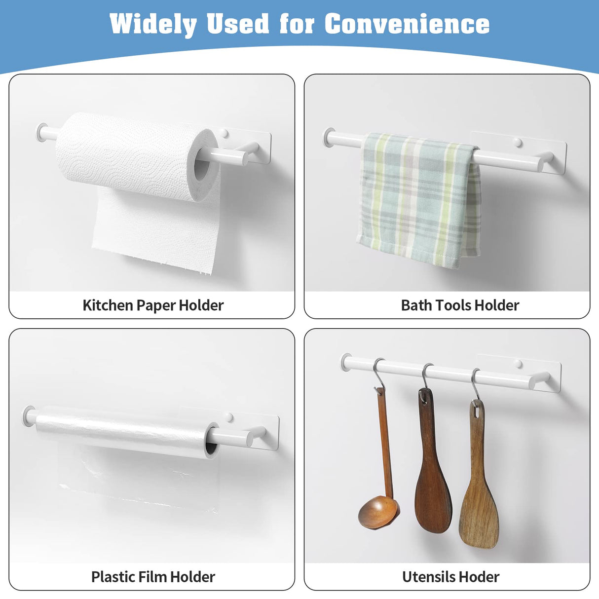 theaoo White Paper Towel Holder - Under Cabinet Paper Towel Holder for Kitchen, Adhesive Paper Towel Roll Rack for Bathroom Towel, Wall Mounted Paper Towel Rack, SUS304 Stainless Steel