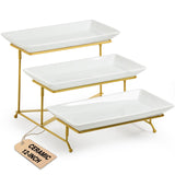 LAUCHUH 3 Tier Serving Stand Porcelain Serving Platter Tier Serving Trays with Collapsible Sturdier Rack, Serving Dishes and Platters for Thanksgiving, Christmas, Entertaining, Gold, 12 Inch