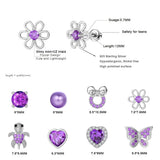 TOPBRIGHT 8 Pairs Hypoallergenic Earrings 925 Sterling Silver Stud Earrings Purple Heart CZ Tiny Butterfly For Kids, Toddlers, Little Girls, Teens, Women